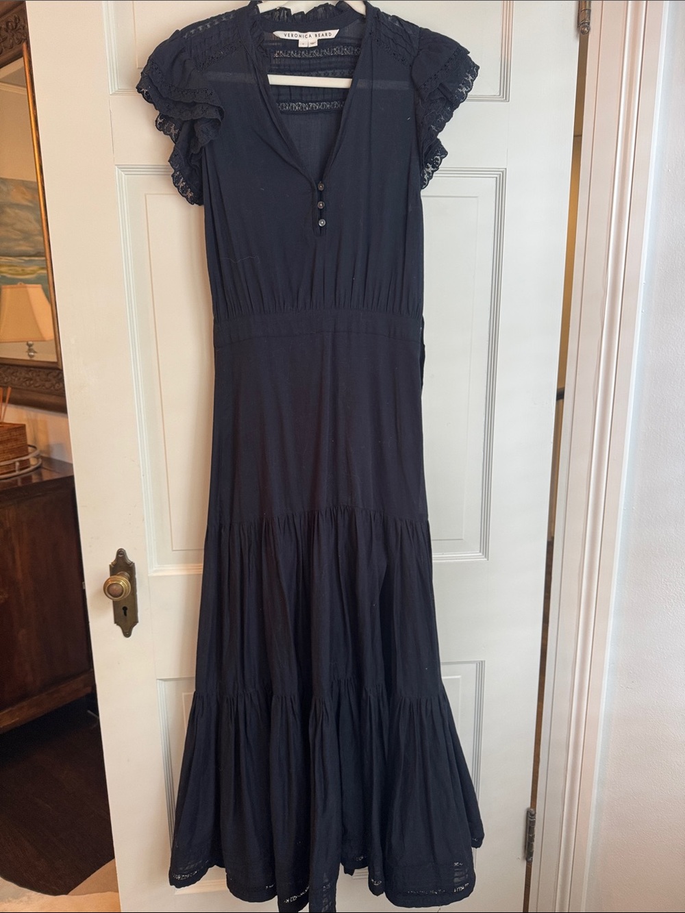 Veronica Beard Navy Black Maxi Dress with Lace Flutter Sleeves